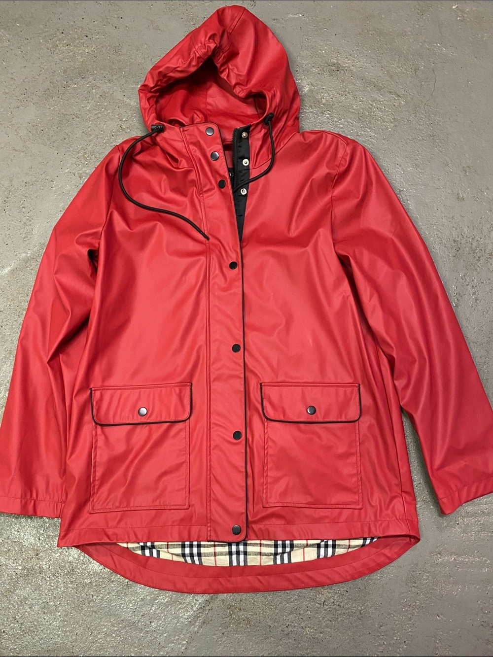 The Sak Red Hooded Trench Coat with Plaid Lining